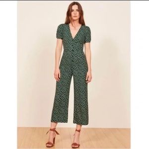 Reformation Jumpsuit Green Floral Print Short Sleeve V-Neck Button Closure Front
